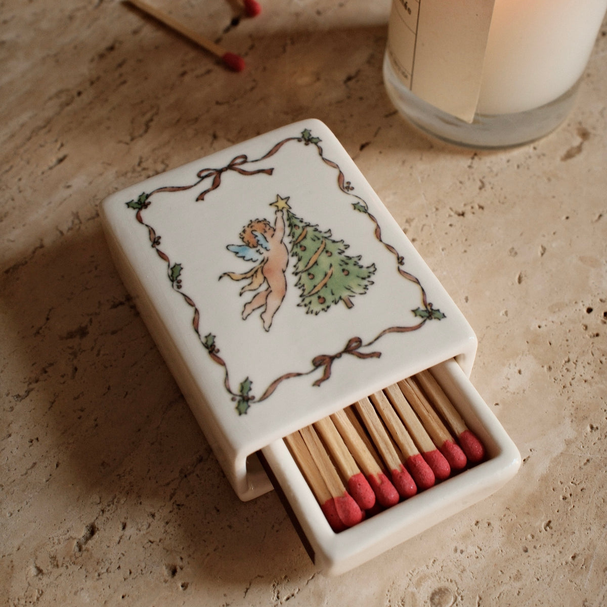 Ceramic Matchbox - Angel & Tree