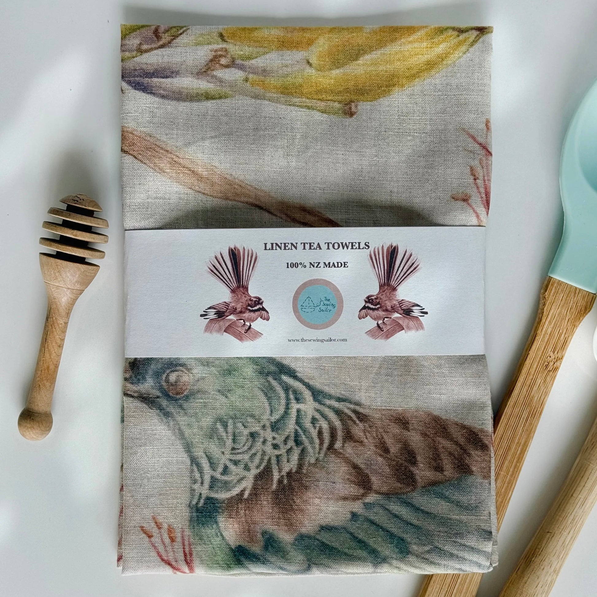 The Sewing Sailor - Linen Tea Towel, Tui on Harakeke