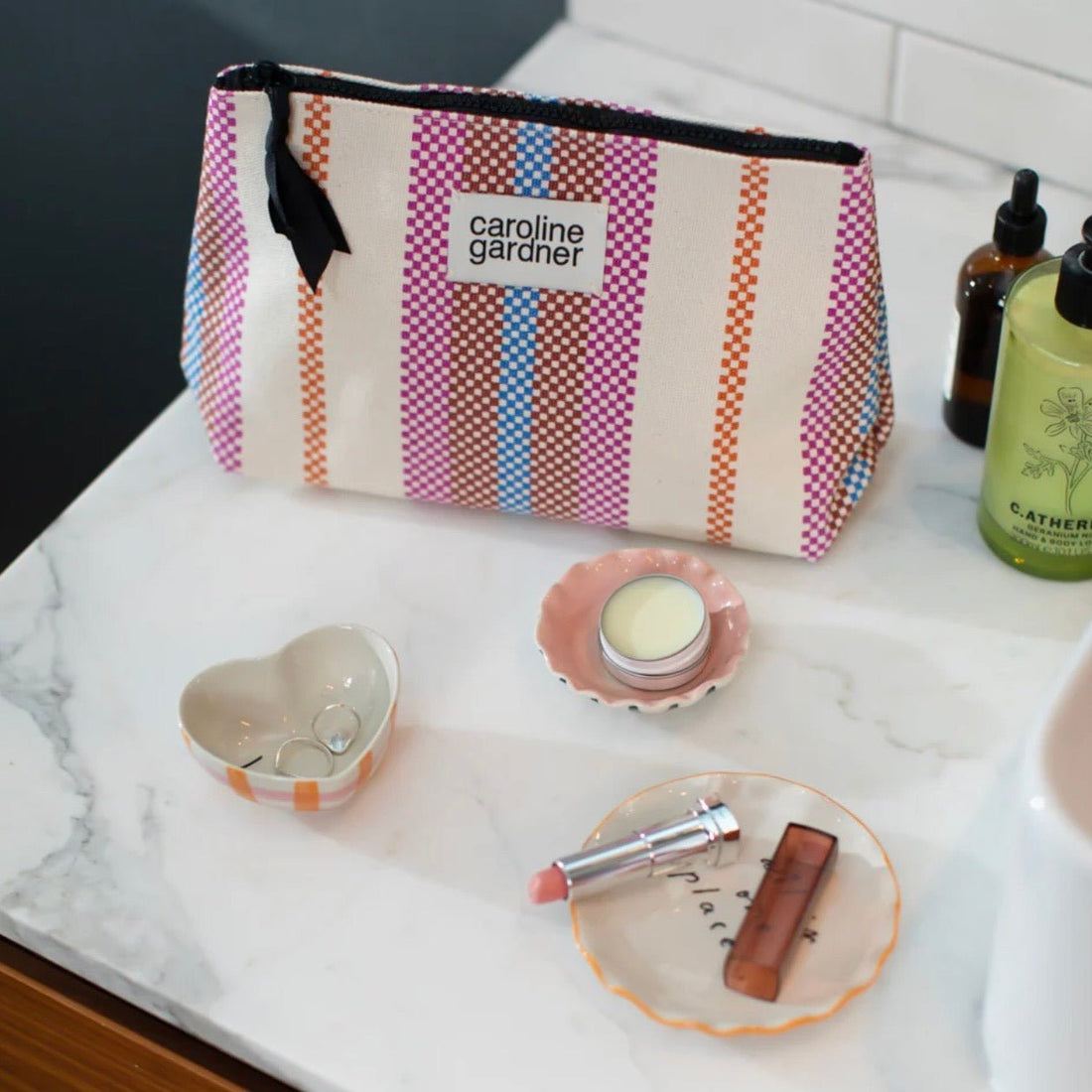 Caroline Gardner - Checkerboard Stripe Canvas Beauty Bag - The Flower Crate