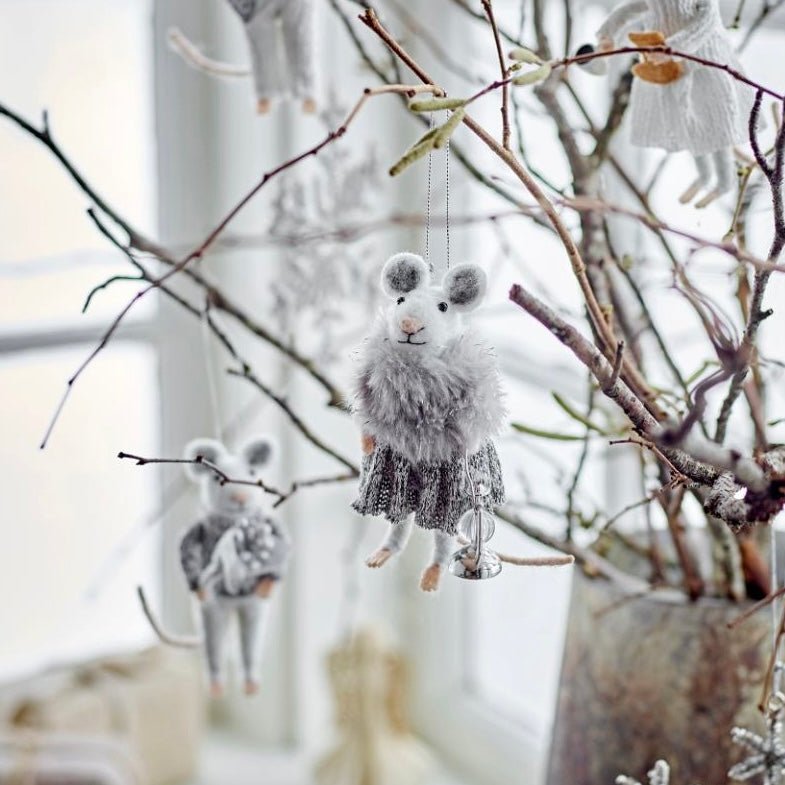 Felted Christmas Peo Ornament - Mouse in Silver Dress - The Flower Crate