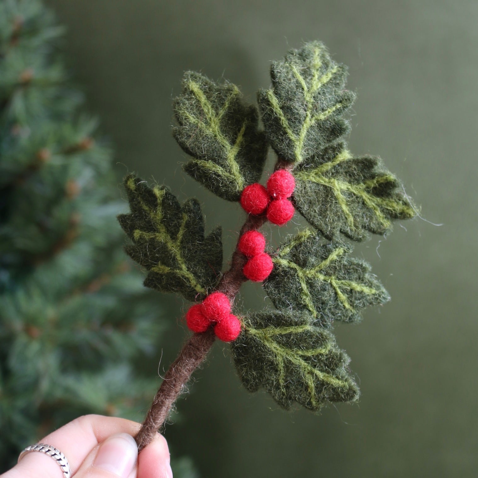 Felted Wool Mini Holly Branch Decoration - The Flower Crate
