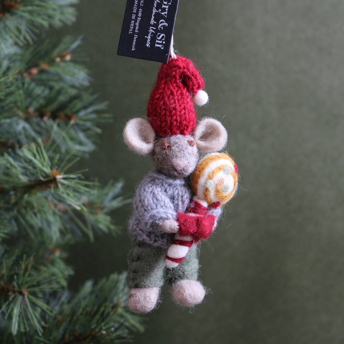 Felted Wool Mouse Ornament With Christmas candy - The Flower Crate