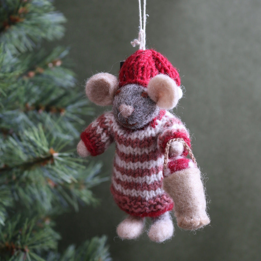 Felted Wool Mouse Ornament With Mushroom Bucket - The Flower Crate