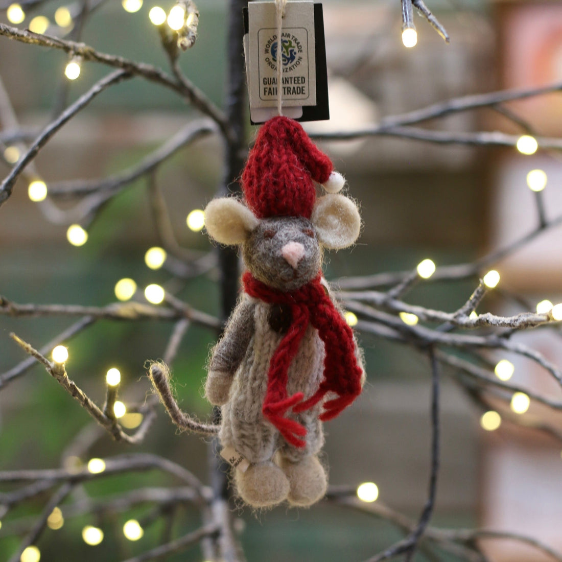 Gry & Sif - Mouse with Red Hat & Scarf Hanging Decoration - The Flower Crate