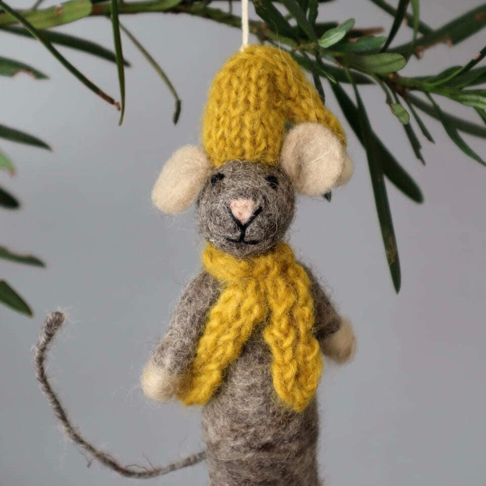 Gry & Sif - Mouse with Yellow Hat & Scarf Hanging Decoration - The Flower Crate
