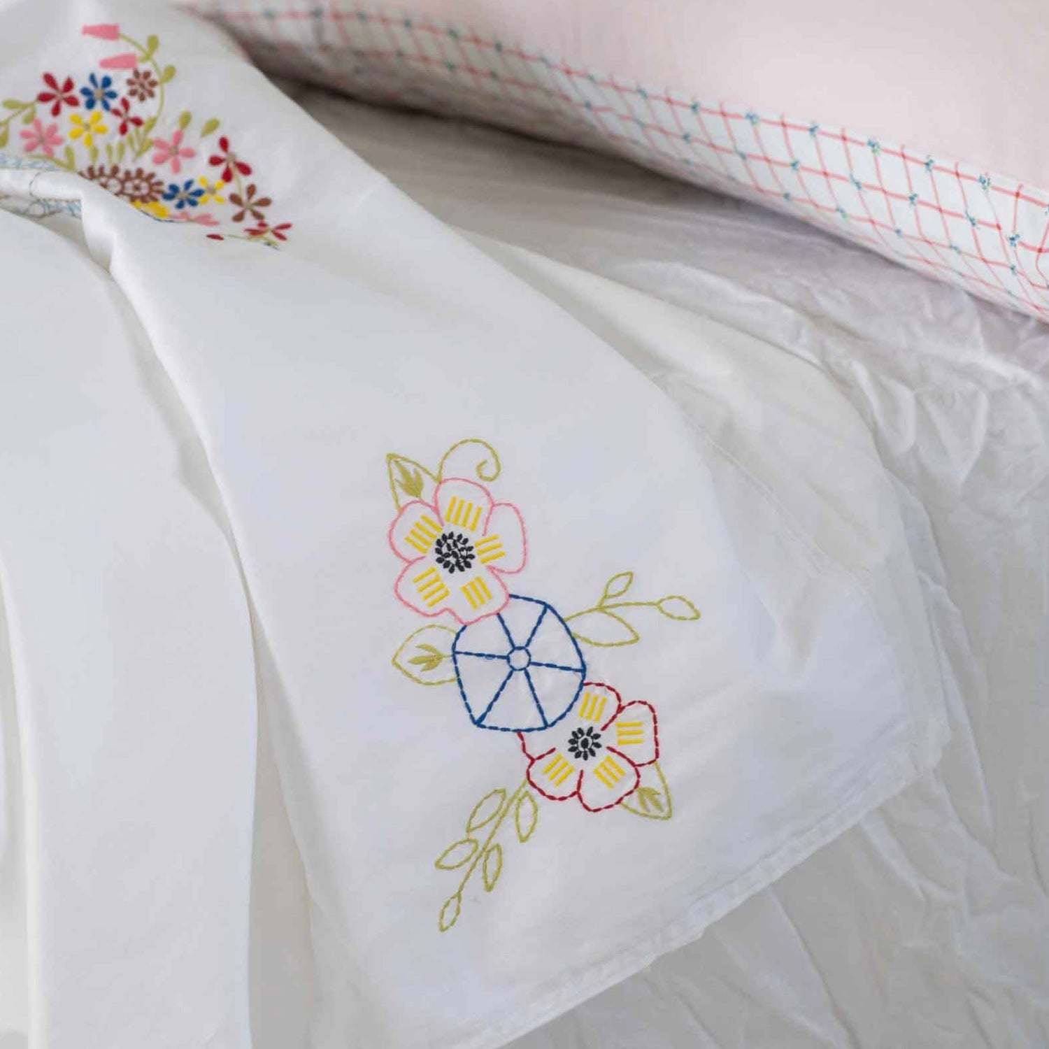 Lazybones - Organic Cotton Homespun Embroidered Top Sheet - The Flower Crate