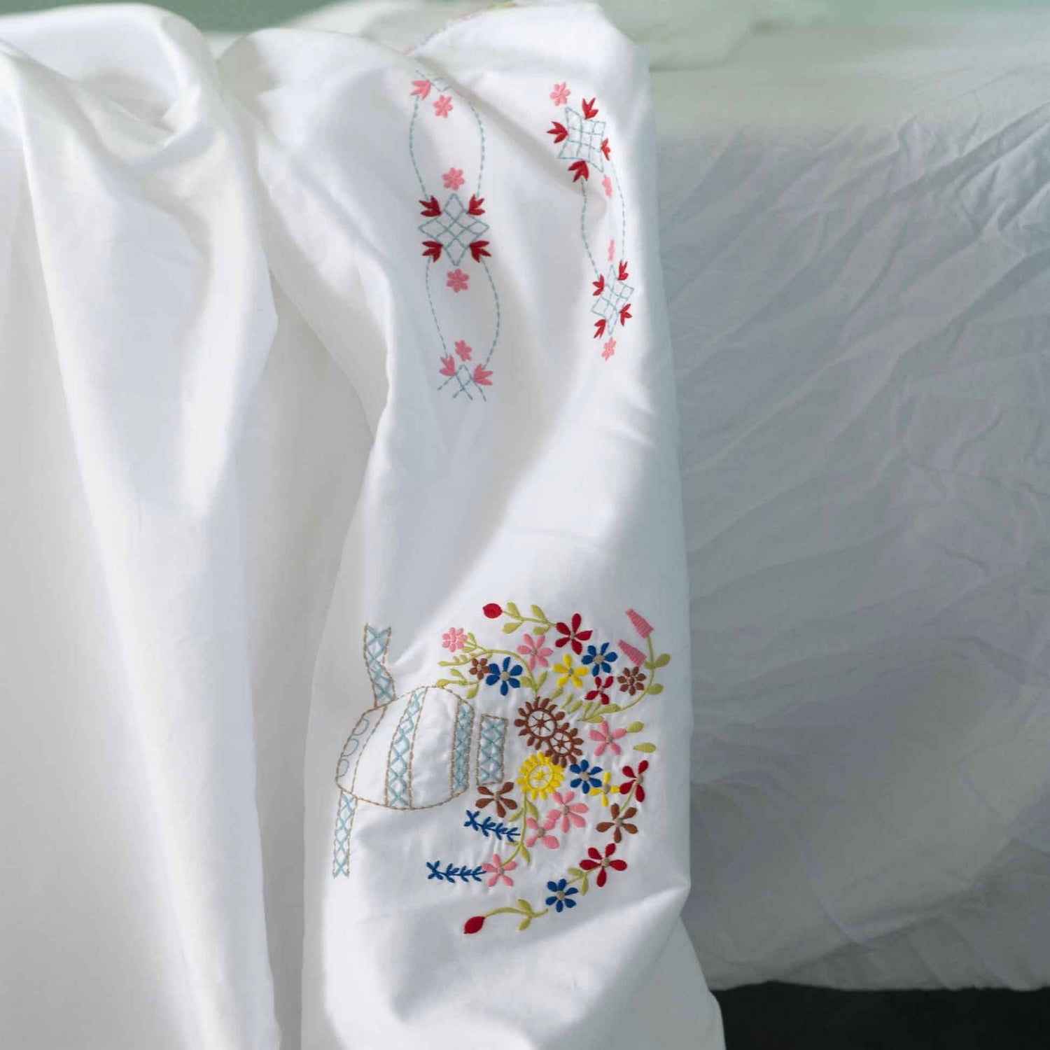 Lazybones - Organic Cotton Homespun Embroidered Top Sheet - The Flower Crate