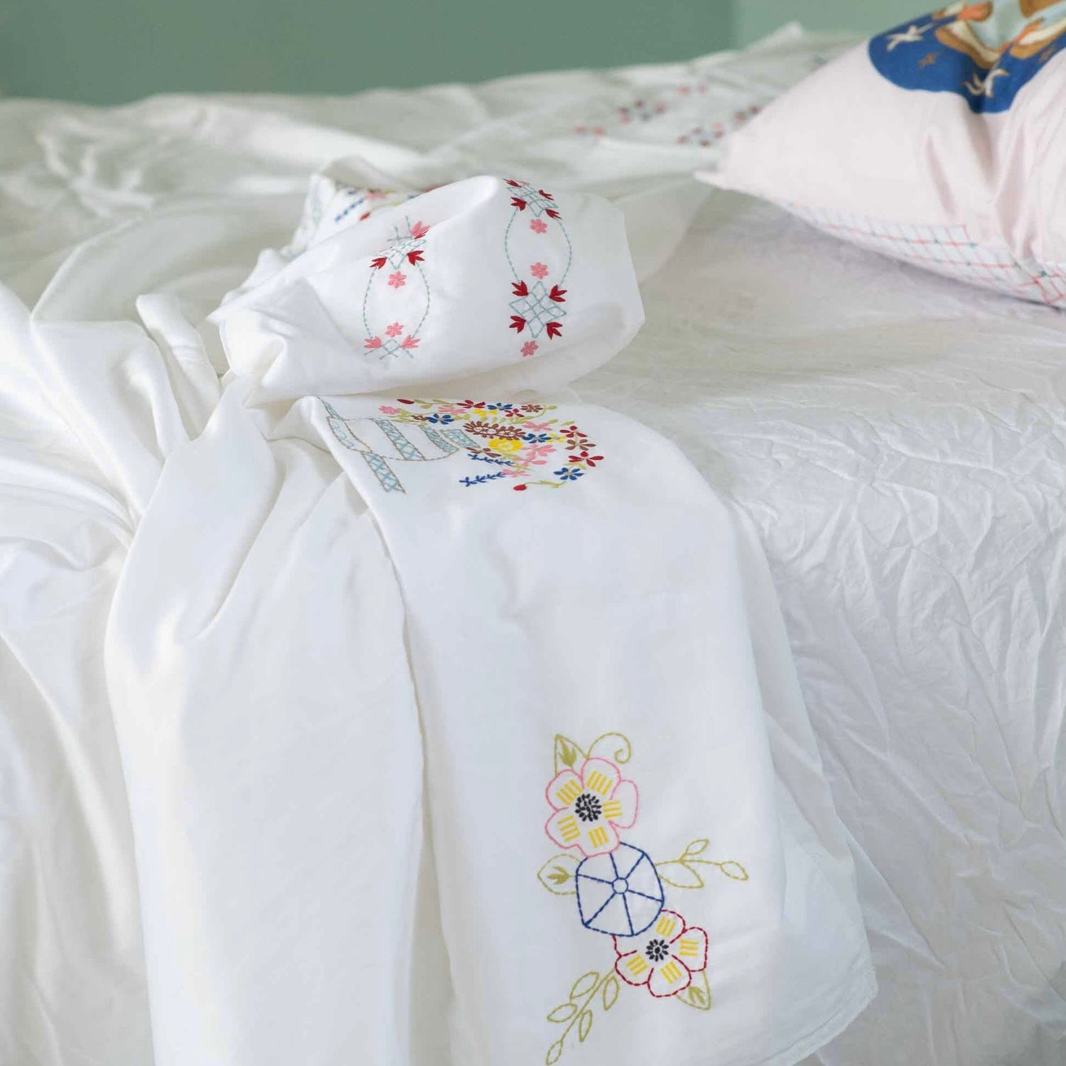 Lazybones - Organic Cotton Homespun Embroidered Top Sheet - The Flower Crate