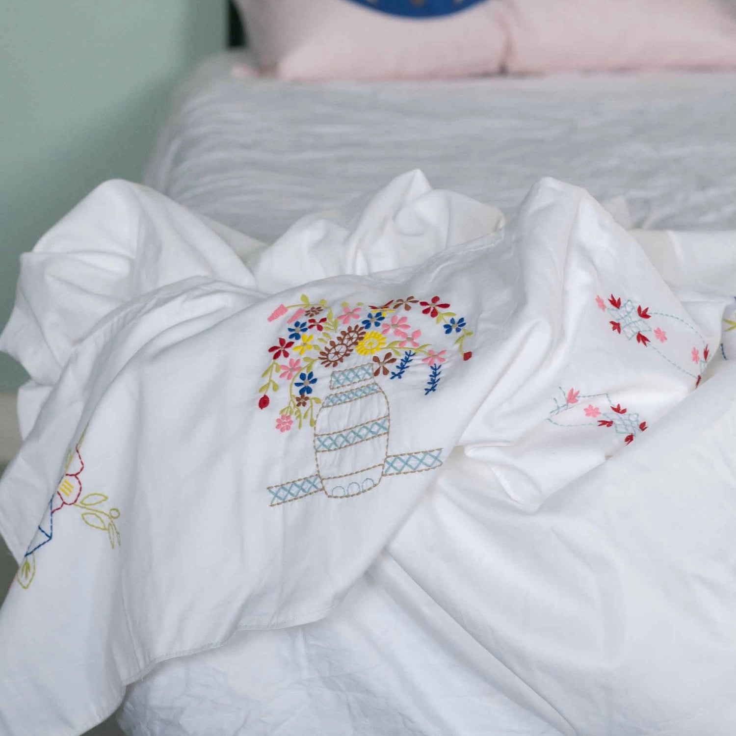 Lazybones - Organic Cotton Homespun Embroidered Top Sheet - The Flower Crate