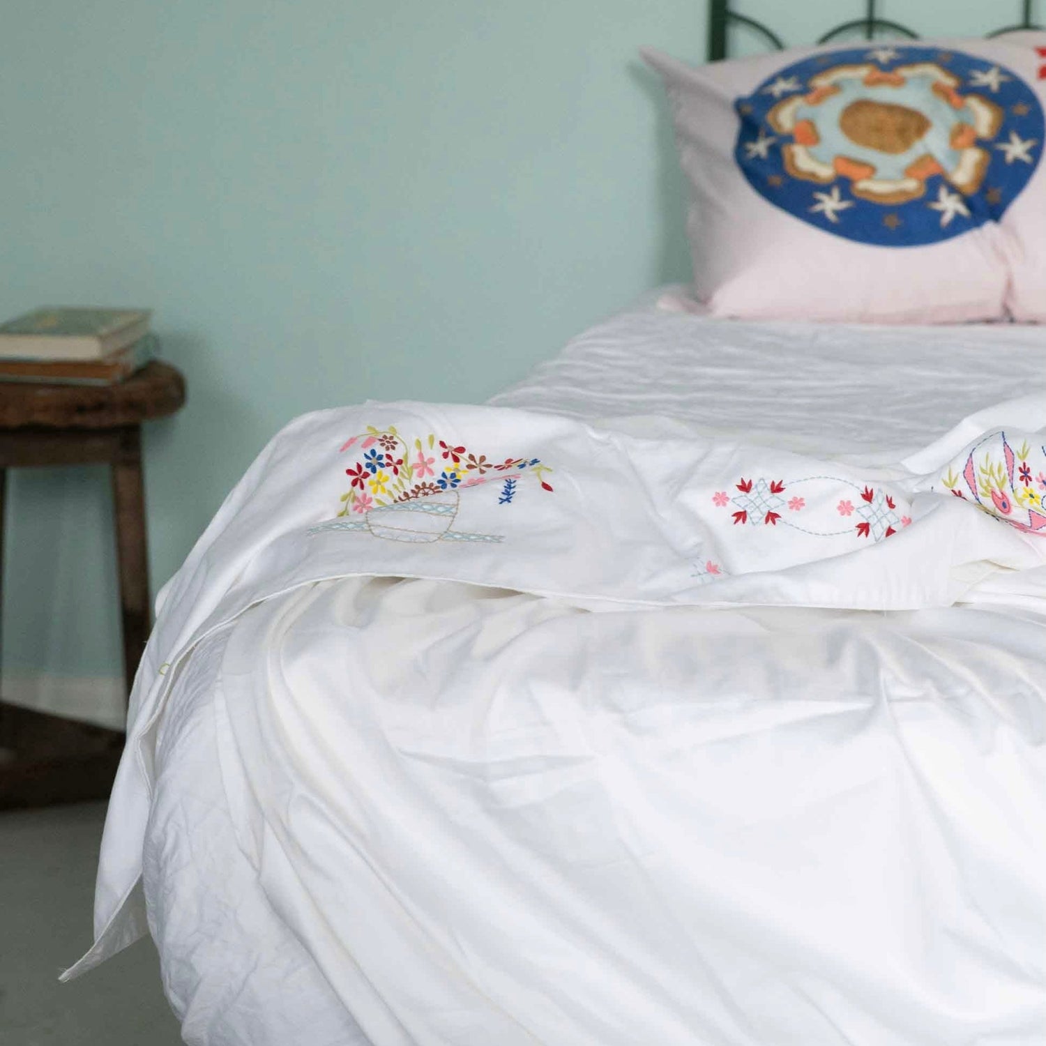 Lazybones - Organic Cotton Homespun Embroidered Top Sheet - The Flower Crate