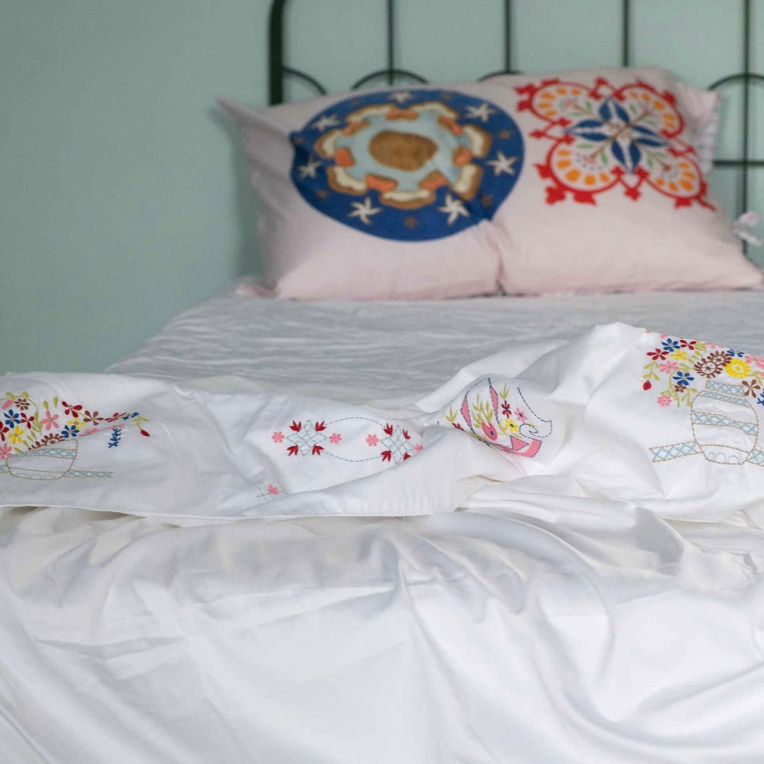 Lazybones - Organic Cotton Homespun Embroidered Top Sheet - The Flower Crate