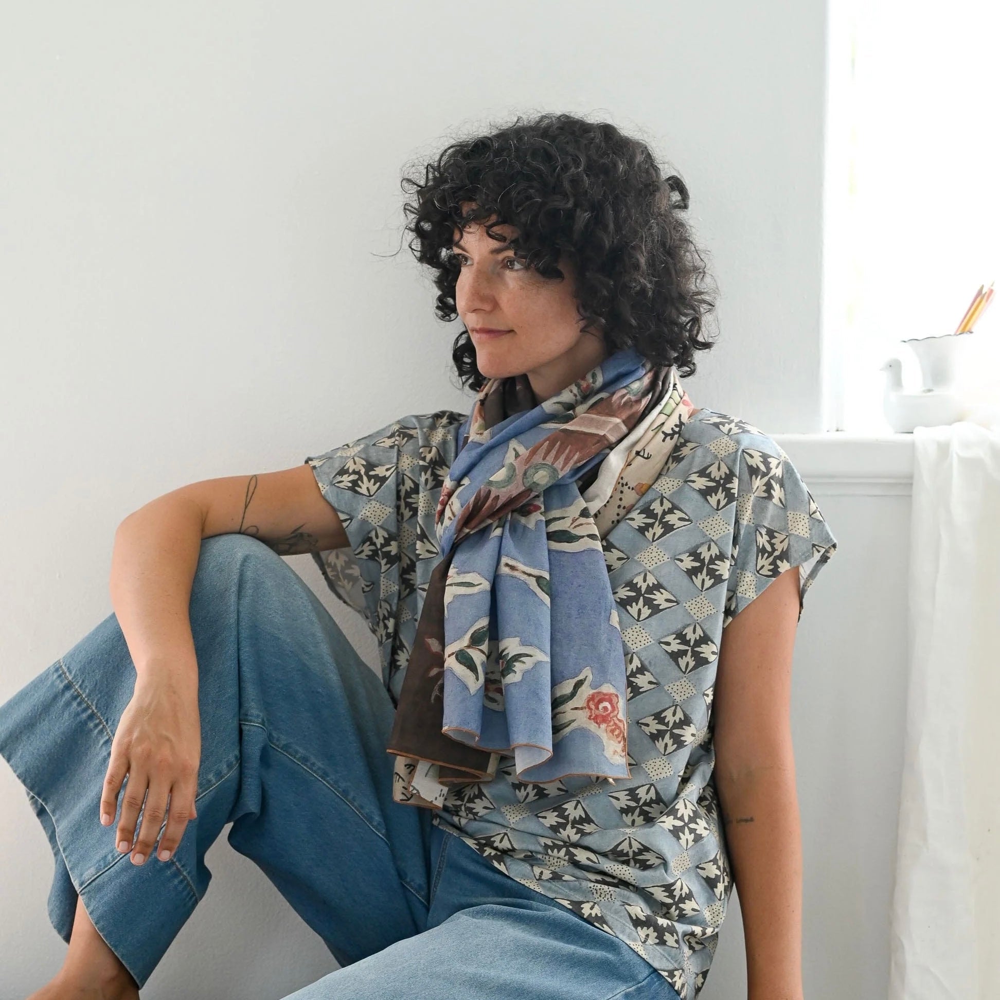 Lazybones - Silk & Cotton Scarf, Painted - The Flower Crate