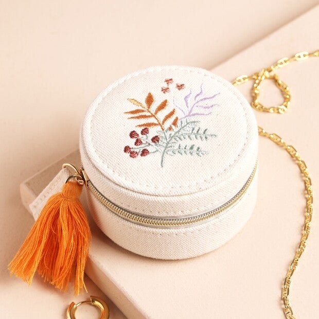 Round Embroidered Jewellery Case, Leaves - The Flower Crate