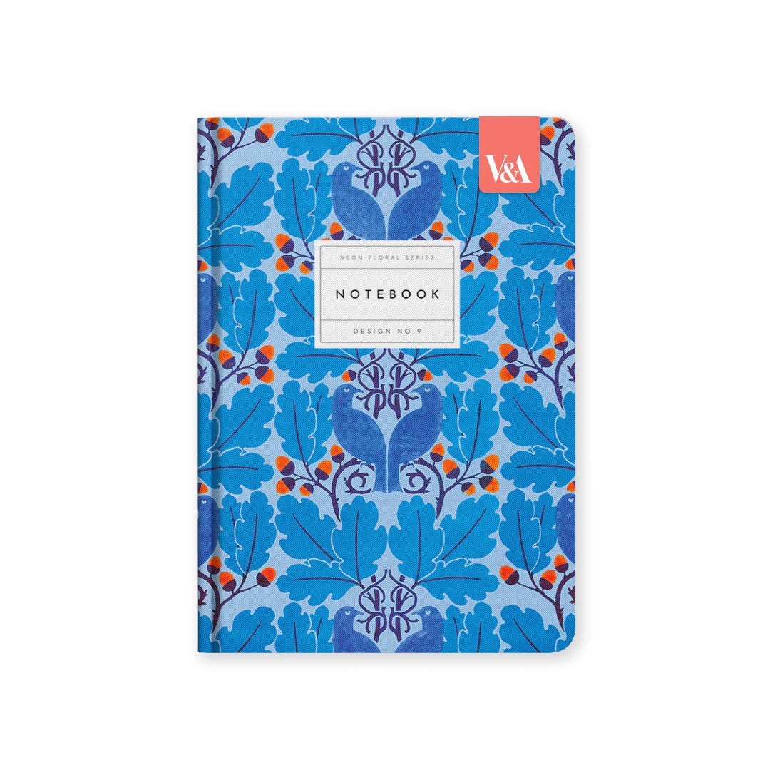 V&amp;A - A5 Hard Cover Notebook, Neon Floral Blue Birds