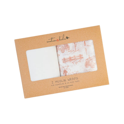 Emotion &amp; Kids - Latte Vintage Farm &amp; White 2 Pack Muslin Wrap