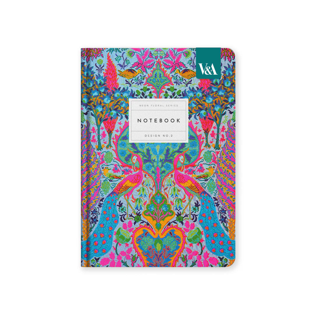 V&amp;A - A5 Hard Cover Notebook, Neon Floral Turquoise Peacock