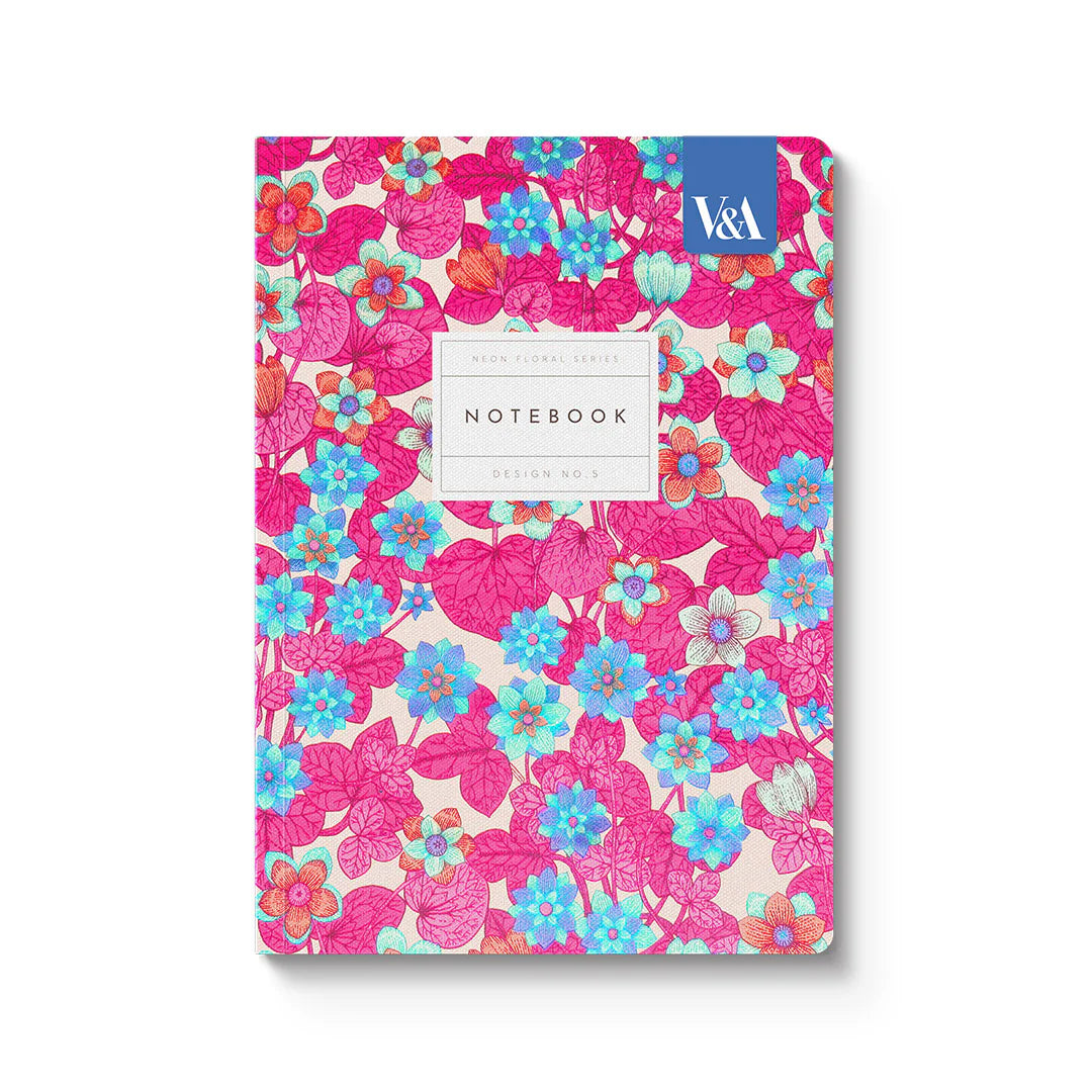 V&amp;A - A5 Soft Cover Notebook, Neon Floral Pink &amp; Blue