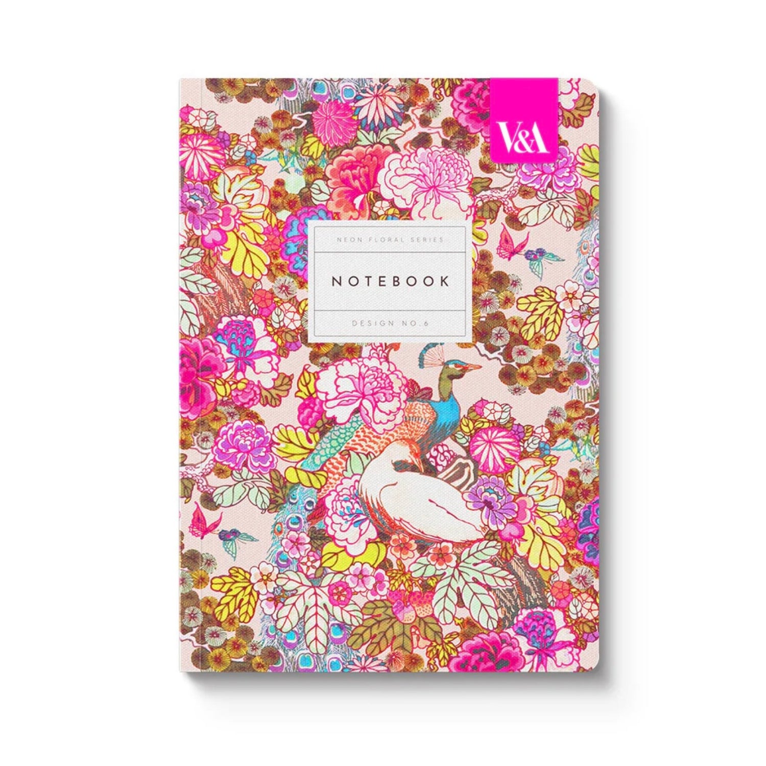 V&amp;A - A5 Soft Cover Notebook, Neon Floral Peacock