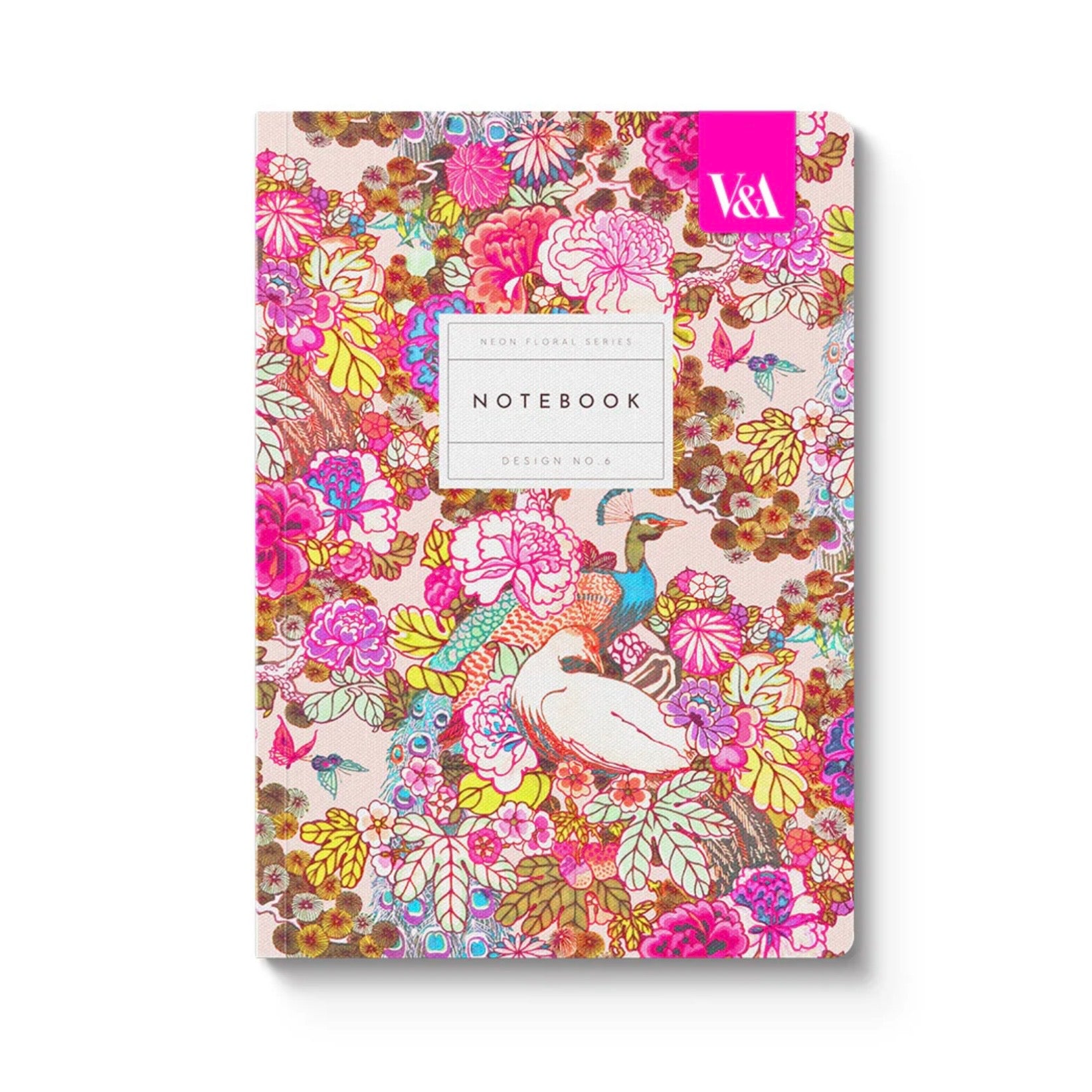 V&amp;A - A5 Soft Cover Notebook, Neon Floral Peacock