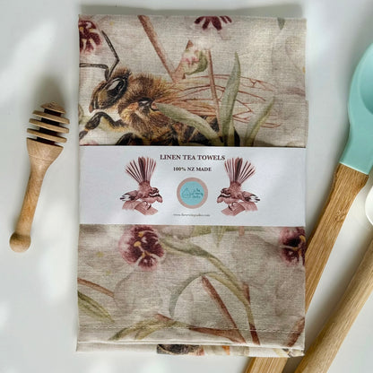 The Sewing Sailor - Linen Tea Towel, Bees on Kānuka