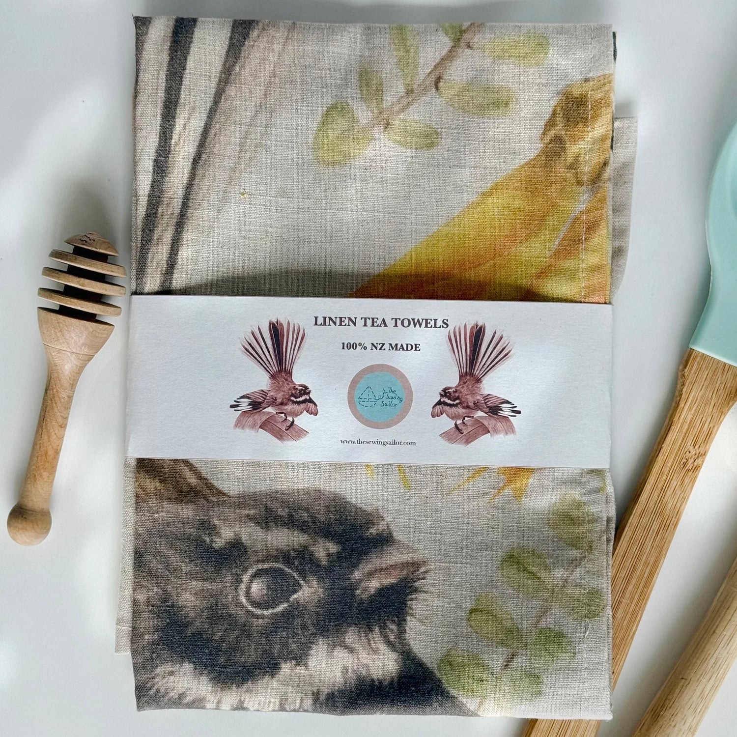 The Sewing Sailor - Linen Tea Towel, Fantail on Kōwhai