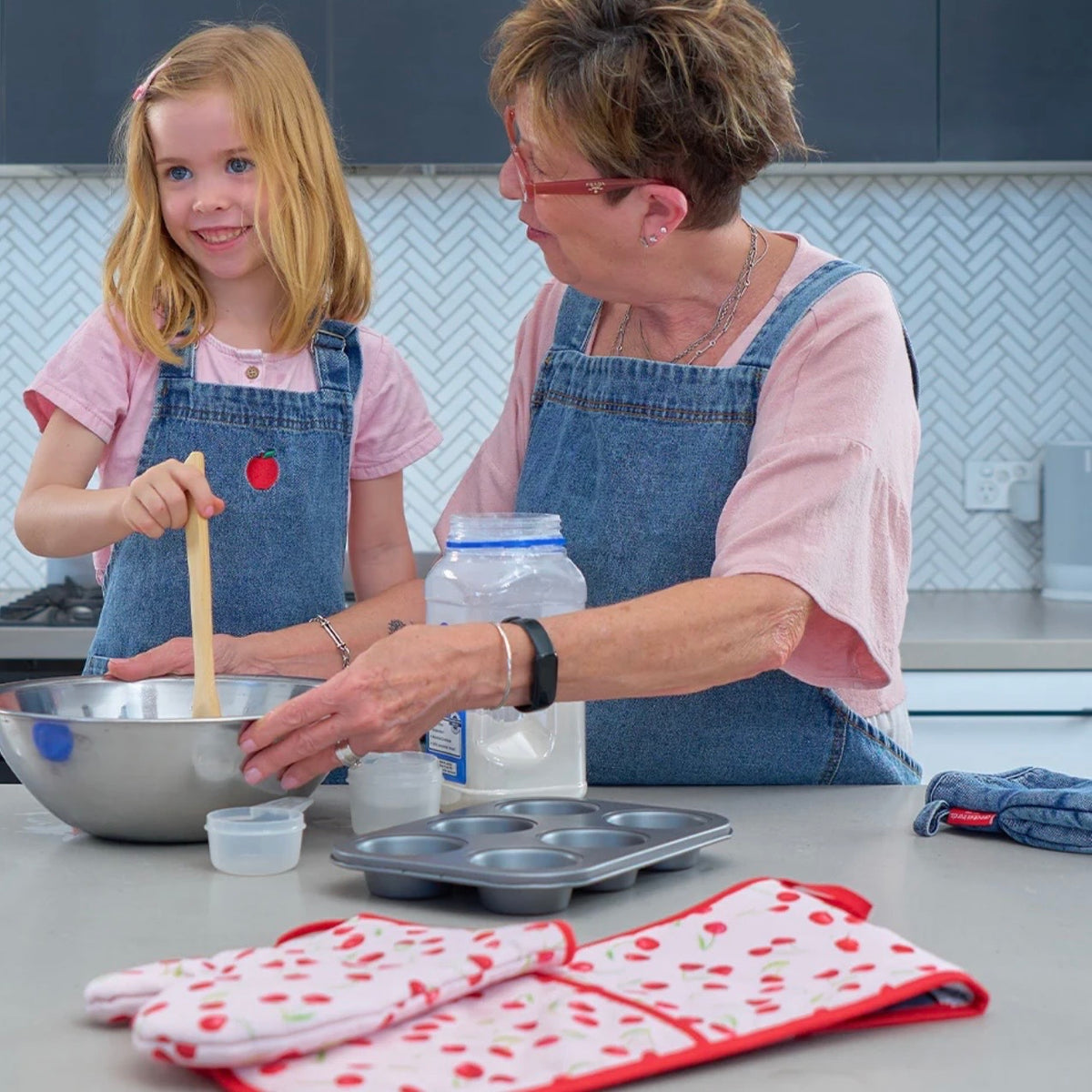 Denim Apron With Apple Embroidery