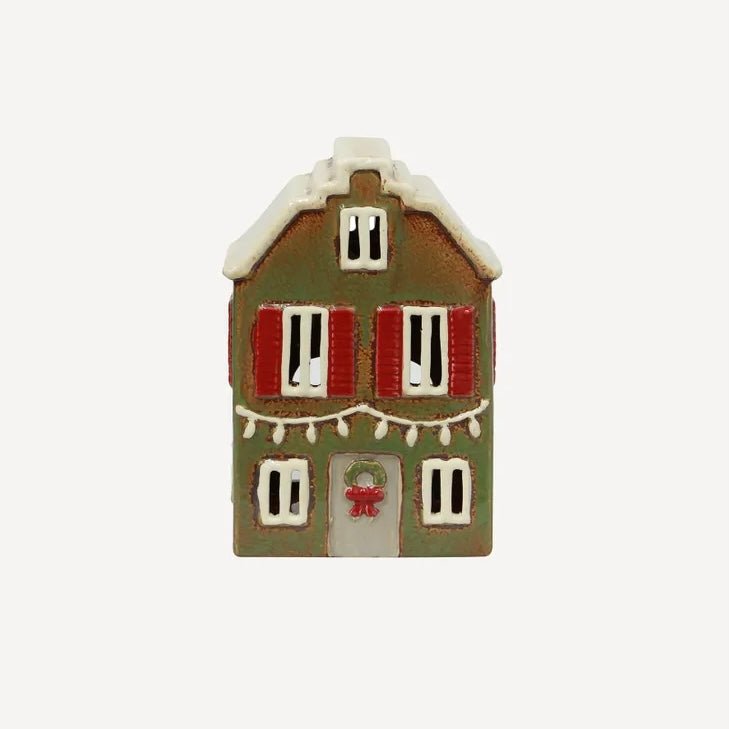 Alsace Tea Light - Green Christmas House With Shutters - The Flower Crate