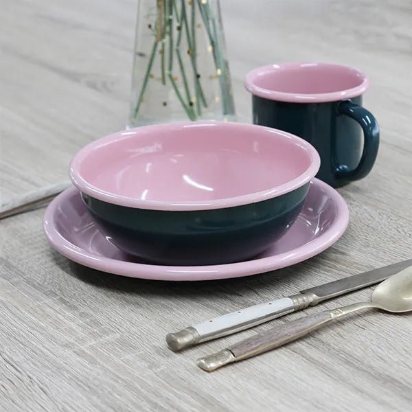 Dishy Enamelware Bowl - Dark Green &amp; Pink - The Flower Crate