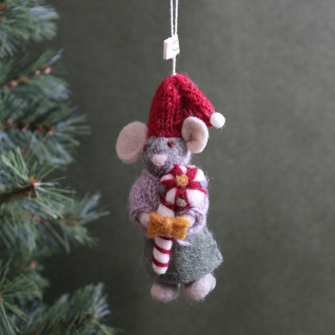 Felted Wool Mouse Ornament With Christmas candy - The Flower Crate