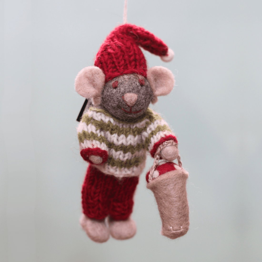 Felted Wool Mouse Ornament With Mushroom Bucket - The Flower Crate