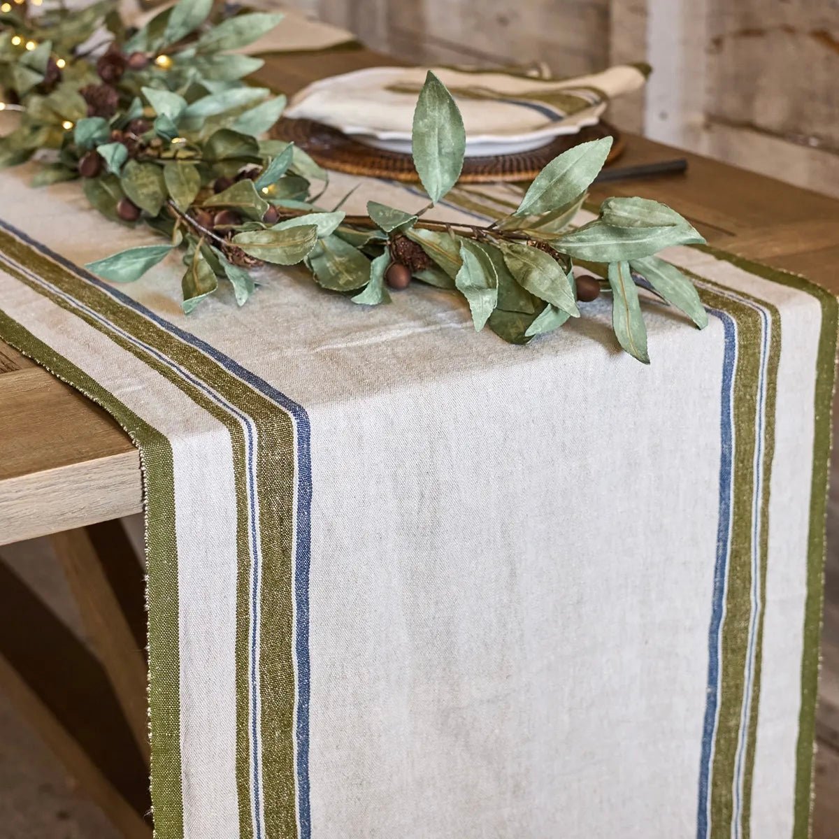 Green Selvedge Stripe Linen Table Runner - The Flower Crate