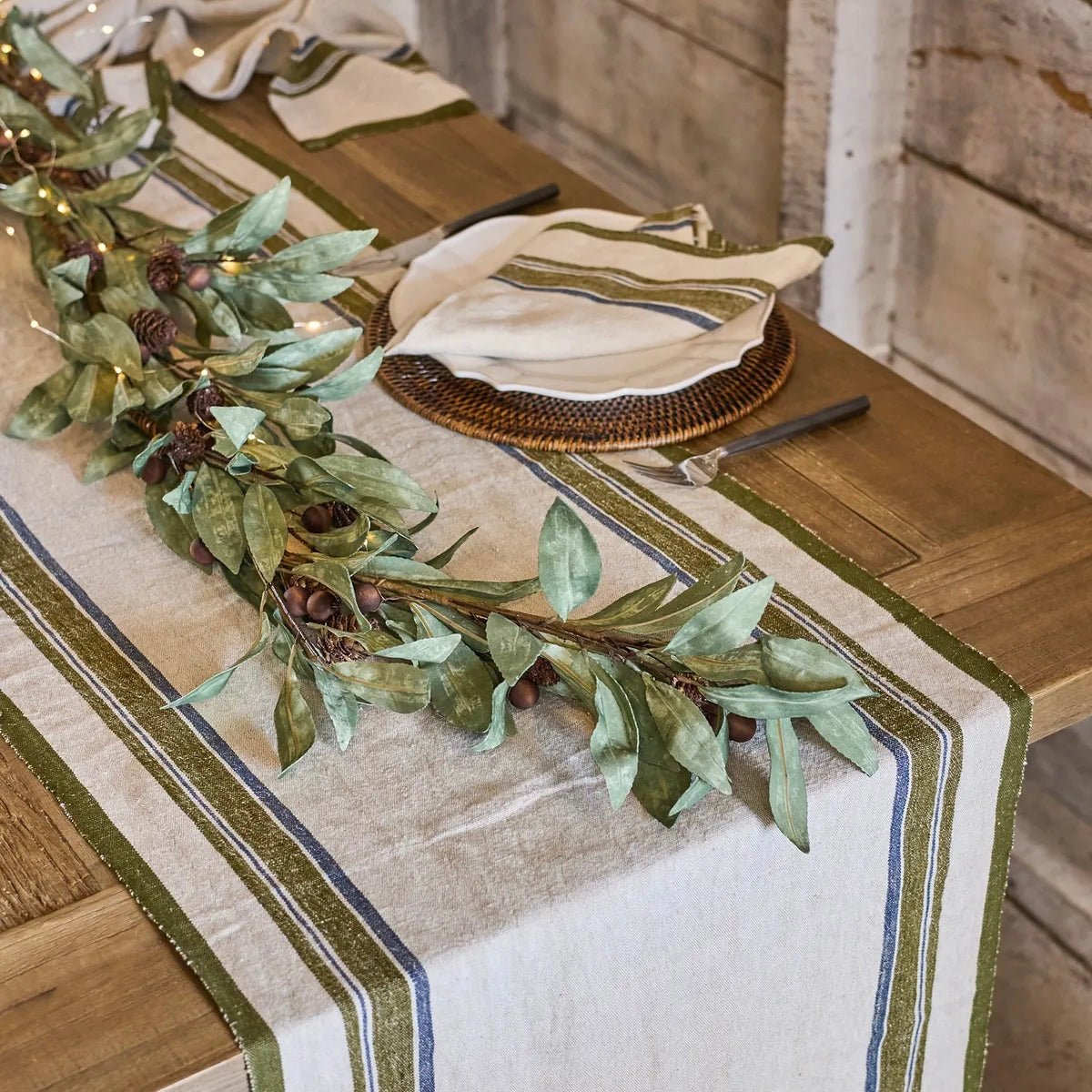 Green Selvedge Stripe Linen Table Runner - The Flower Crate