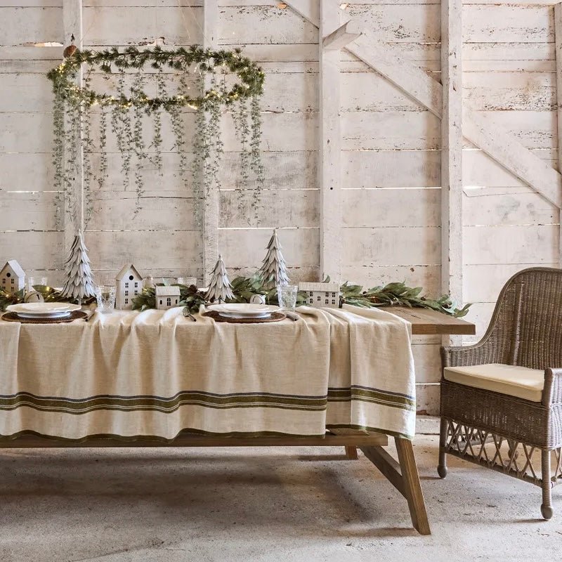 Green Selvedge Stripe Linen Tablecloth - The Flower Crate