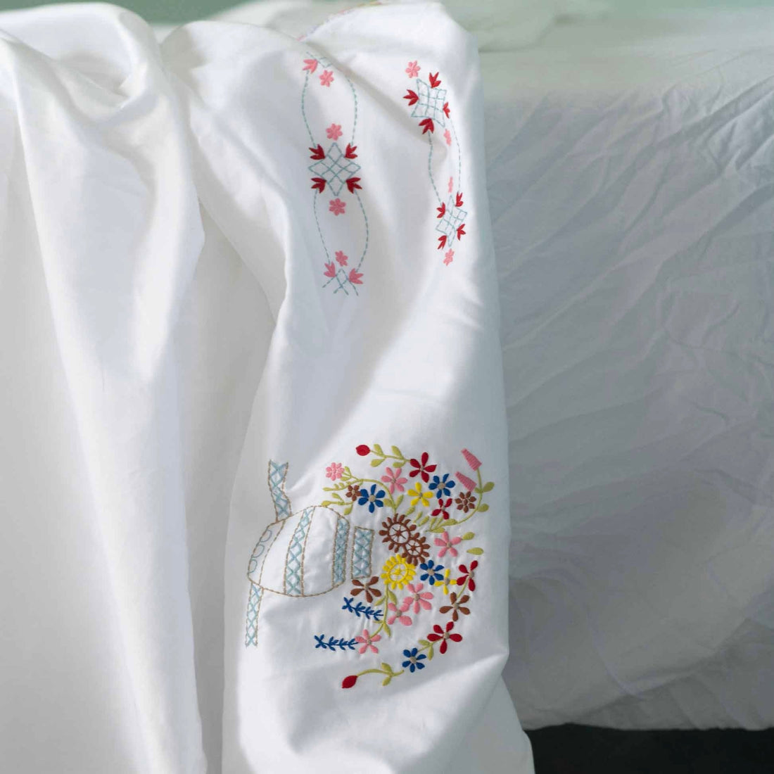 Lazybones - Organic Cotton Homespun Embroidered Top Sheet - The Flower Crate