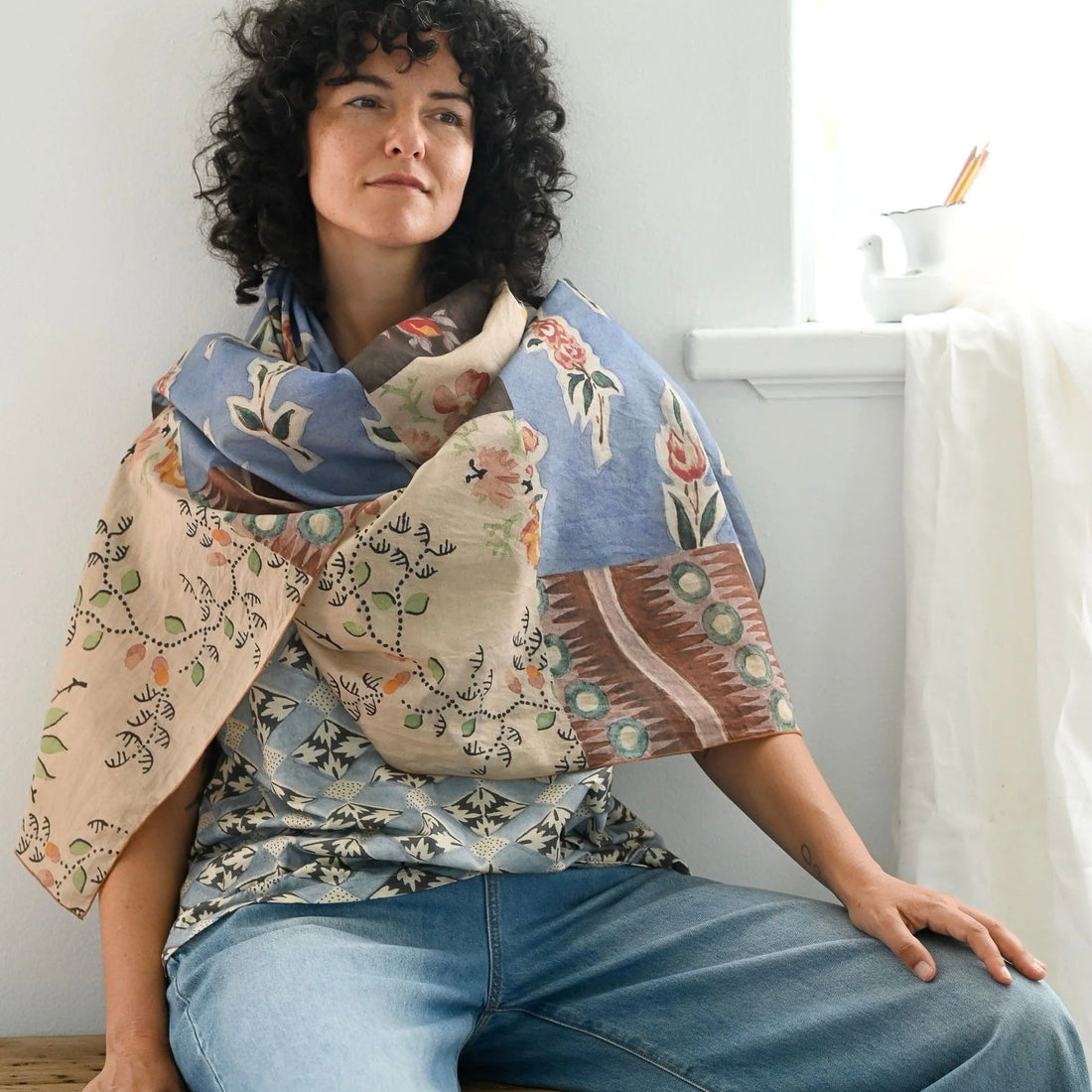 Lazybones - Silk & Cotton Scarf, Painted - The Flower Crate