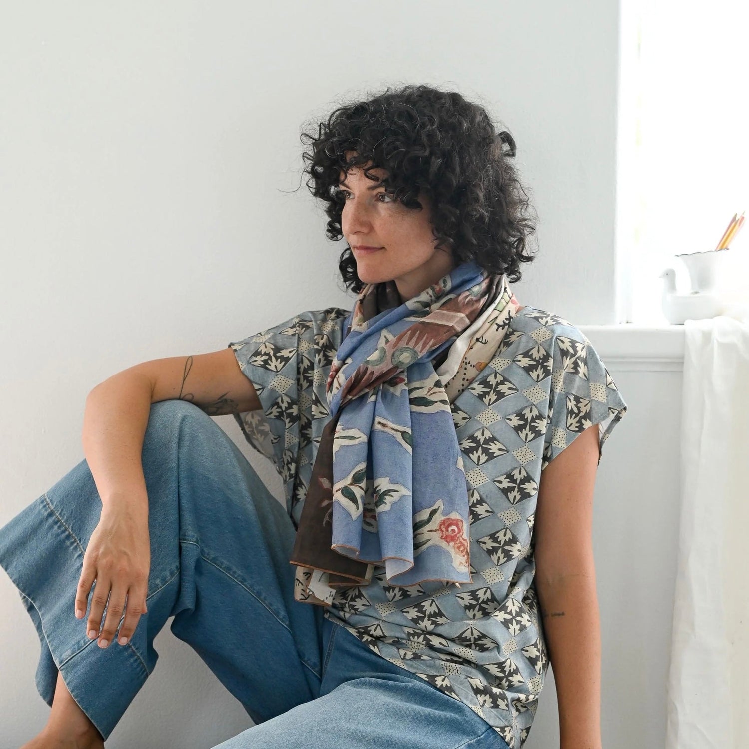 Lazybones - Silk &amp; Cotton Scarf, Painted - The Flower Crate