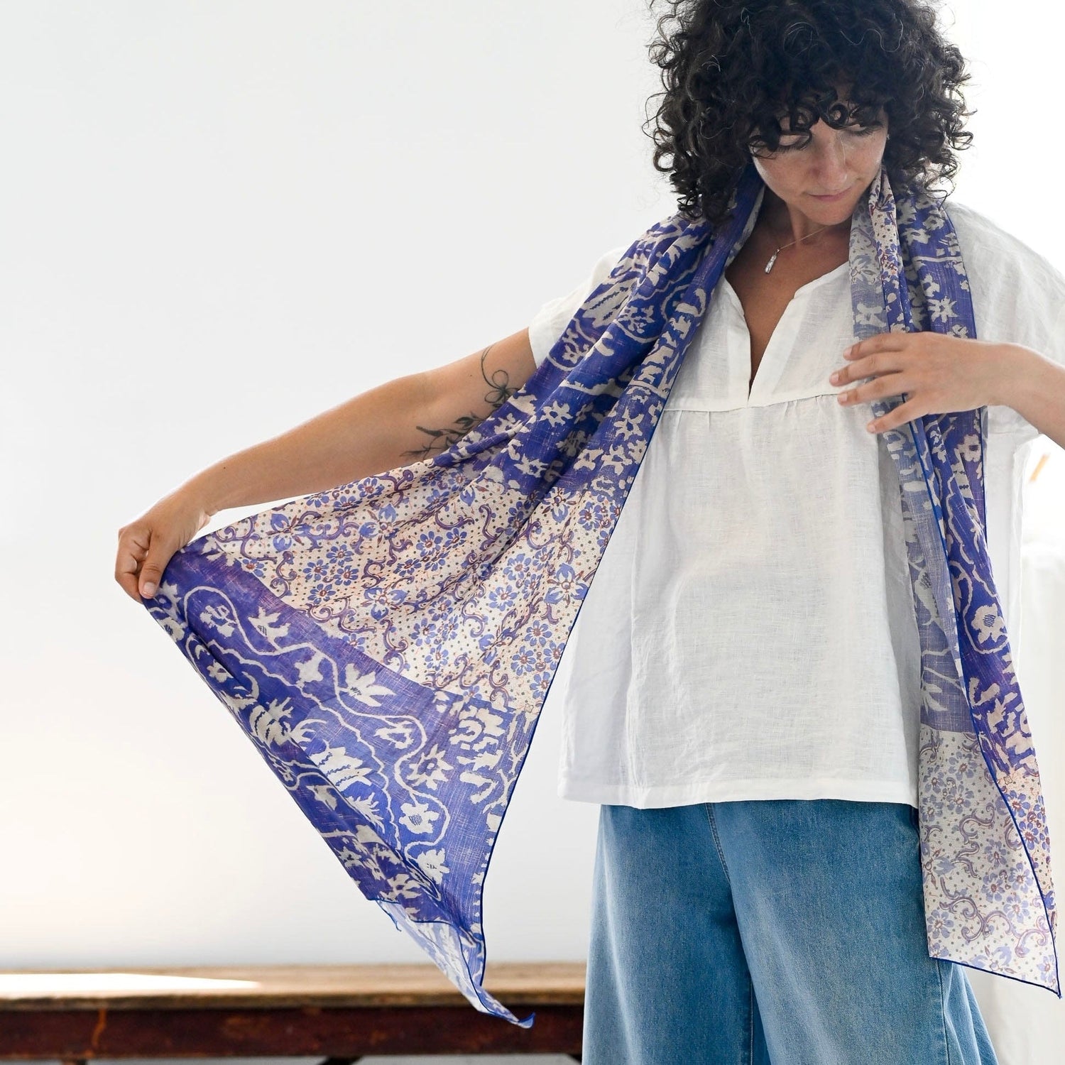 Lazybones - Silk &amp; Cotton Scarf, Ultramarine - The Flower Crate