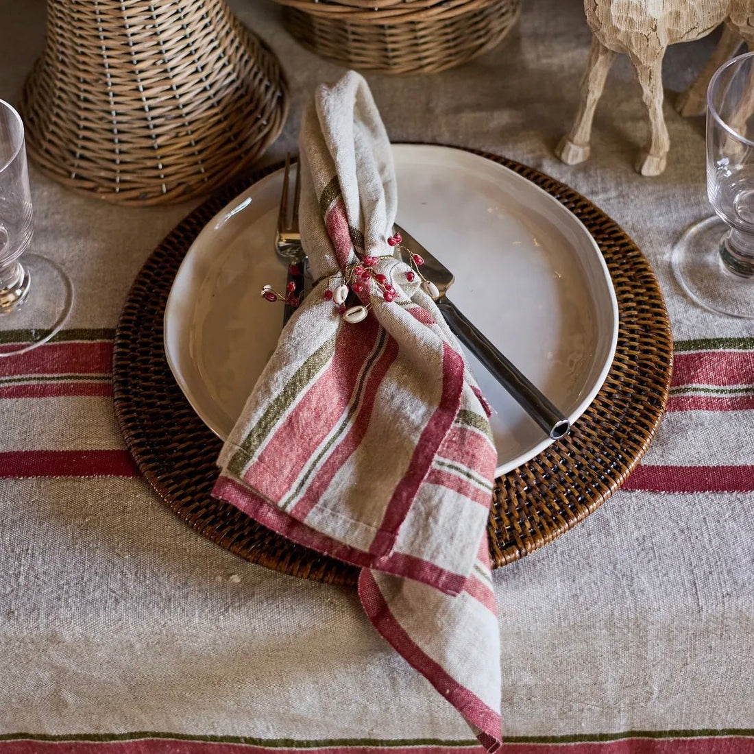 Red Selvedge Stripe Linen Napkin - The Flower Crate