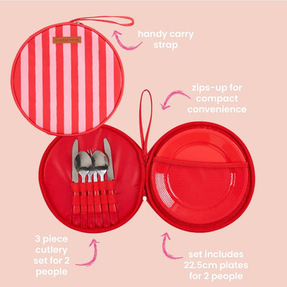 Red Stripe Round Plate Picnic Set - The Flower Crate