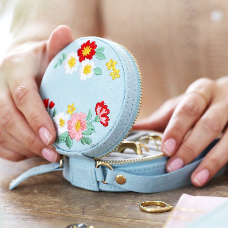 Round Embroidered Jewellery Case, Embroidered Flowers - The Flower Crate
