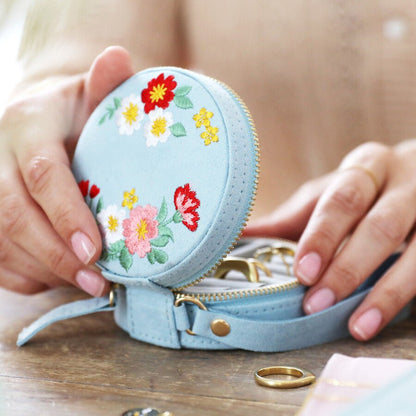 Round Embroidered Jewellery Case, Embroidered Flowers - The Flower Crate