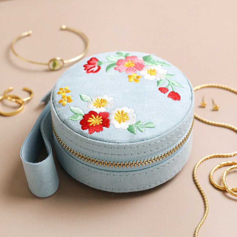 Round Embroidered Jewellery Case, Embroidered Flowers - The Flower Crate