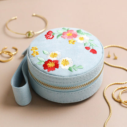 Round Embroidered Jewellery Case, Embroidered Flowers - The Flower Crate