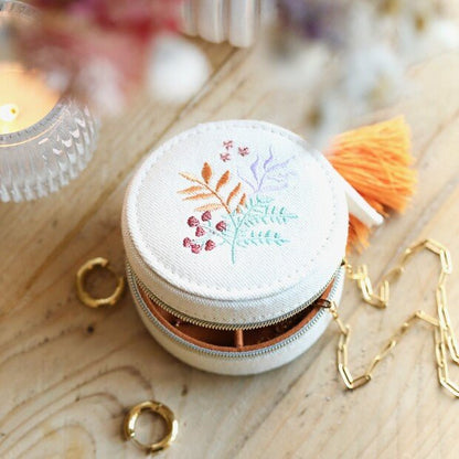 Round Embroidered Jewellery Case, Leaves - The Flower Crate