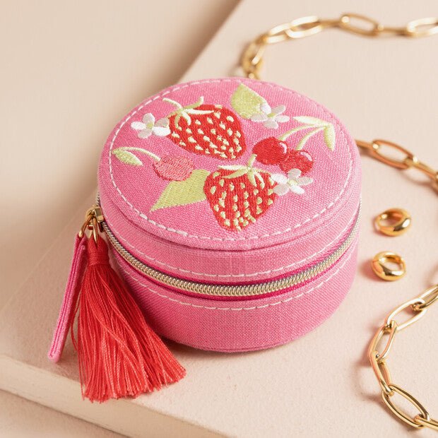 Round Embroidered Jewellery Case, Strawberry - The Flower Crate