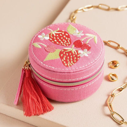 Round Embroidered Jewellery Case, Strawberry - The Flower Crate
