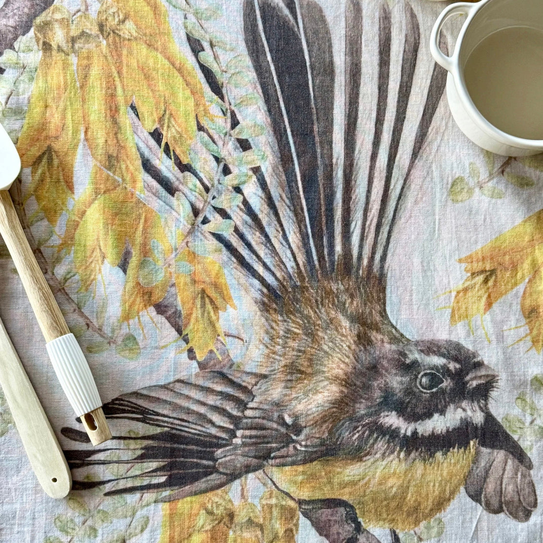 The Sewing Sailor - Linen Tea Towel, Fantail on Kōwhai - The Flower Crate