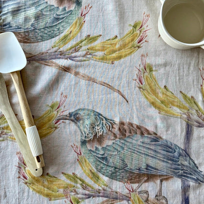 The Sewing Sailor - Linen Tea Towel, Tui on Harakeke - The Flower Crate