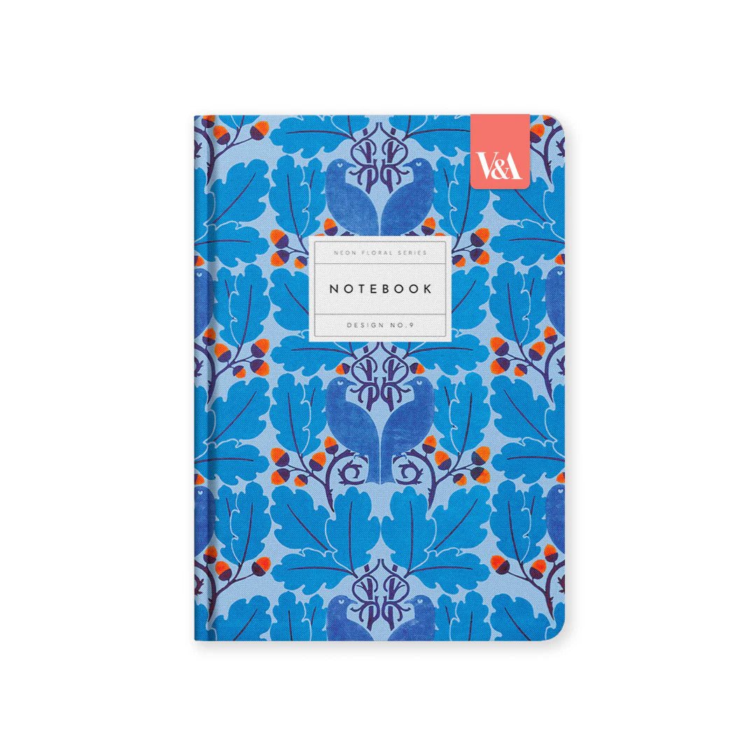 V&A - A5 Hard Cover Notebook, Neon Floral Blue Birds - The Flower Crate